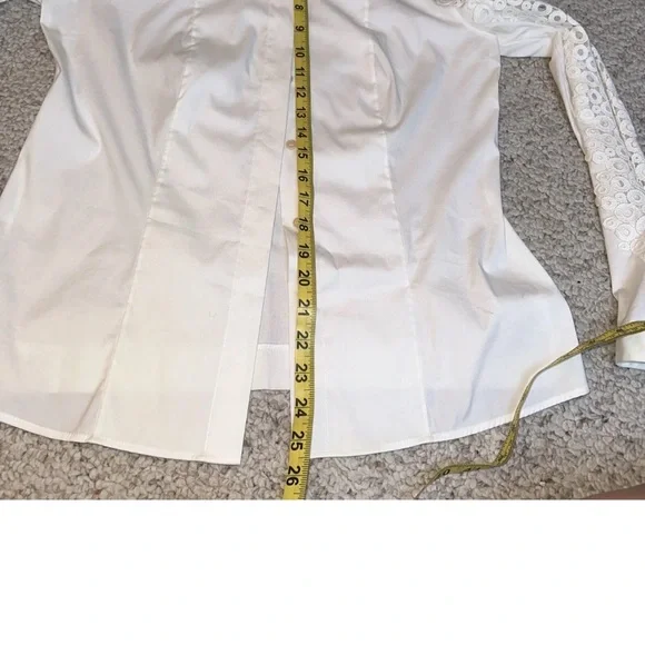 Akris Punto Stretch Blouse White Button Up Down Lace Sheer Sleeves Women’s Sz 10 - Picture 5 of 5